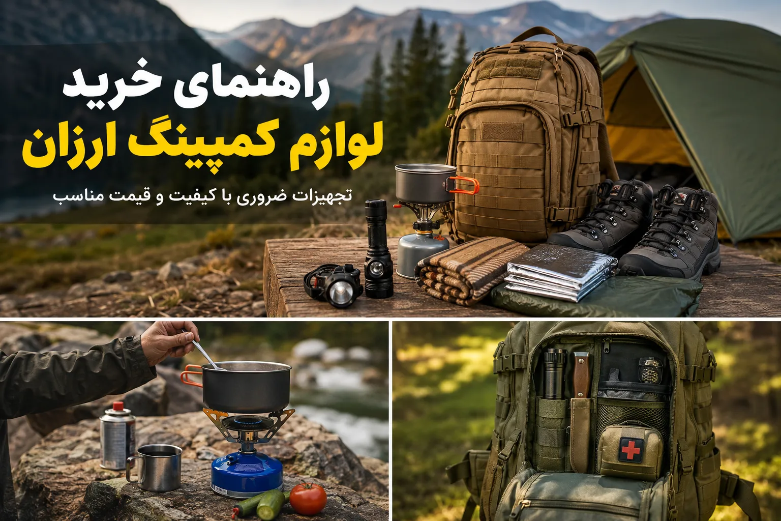 لوازم کمپینگ ارزان شامل اجاق گاز سفری، کوله پشتی تاکتیکال، نیم بوت طبیعتگردی، چراغ قوه، پانچو و پتو نجات در طبیعت