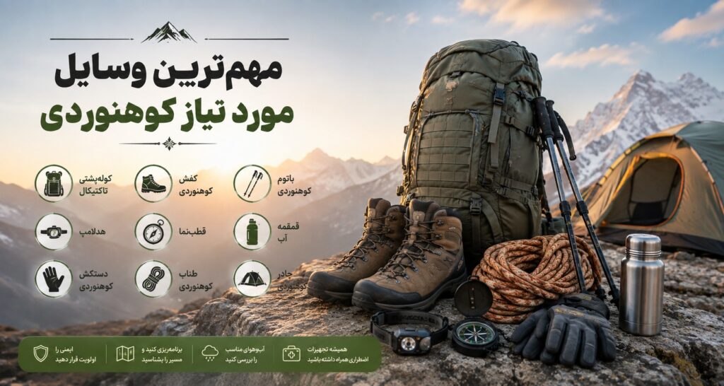 وسایل مورد نیاز کوهنوردی و طبیعتگردی در سال 2026؛ راهنمای کامل تجهیزات برای یک سفر ایمن و حرفهای - سیناکمپ تصویر تجهیزات ضروری کوهنوردی و طبیعتگردی شامل کولهپشتی، کفش کوهنوردی، چادر، باتوم، طناب، قمقمه، قطبنما، هدلامپ، دستکش و سایر وسایل مورد نیاز برای یک سفر ایمن در طبیعت.