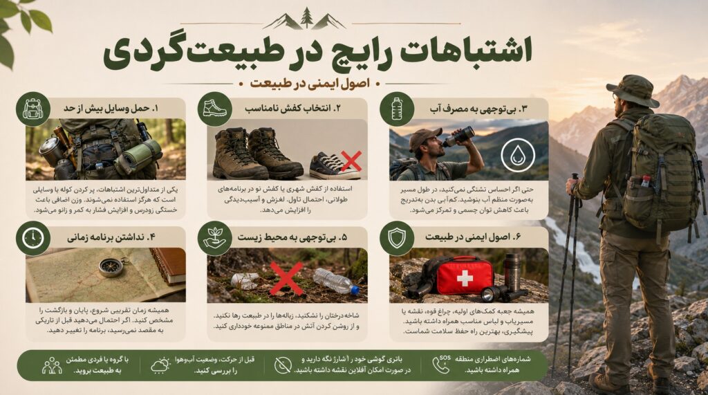 وسایل مورد نیاز کوهنوردی و طبیعتگردی در سال 2026؛ راهنمای کامل تجهیزات برای یک سفر ایمن و حرفهای - سیناکمپ اینفوگرافیک اشتباهات رایج در طبیعتگردی شامل حمل وسایل اضافی، انتخاب کفش نامناسب، بیتوجهی به مصرف آب، نداشتن برنامه زمانی، آسیب به محیطزیست و رعایت اصول ایمنی در طبیعت.