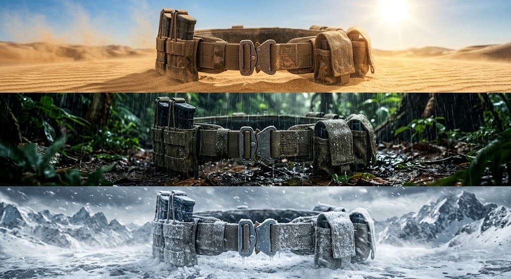 راهنمای جامع خرید و استفاده از کمربند تاکتیکال و سیستم MOLLE - سیناکمپ عملکرد و مقاومت کمربندهای تاکتیکال در شرایط آبوهوایی مختلف