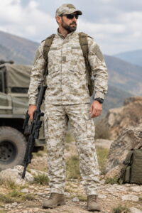 لباس عملیاتی خاکی پیکسلی با طرح استتاری و سایزبندی اسمال تا 2XL